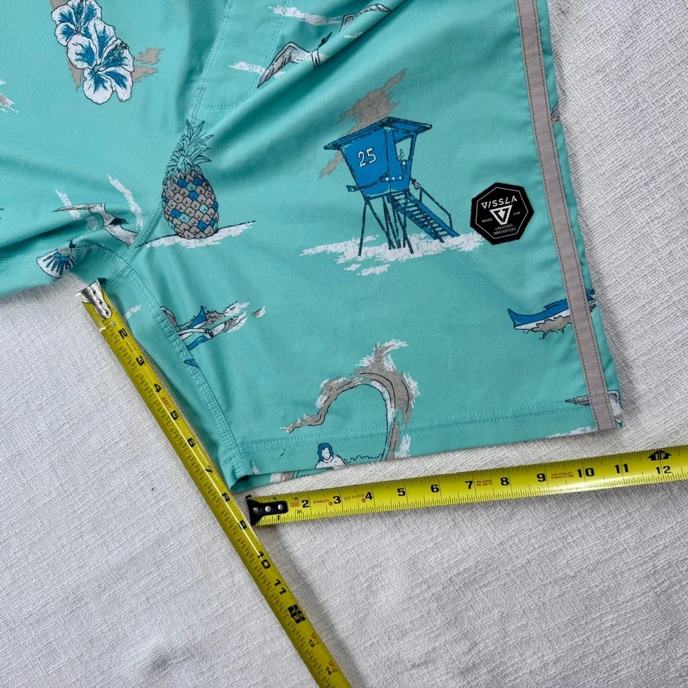 Vissla Board Shorts Mens 36 Teal Beach Print Coconut Stretch‎ Trunks M1104HEL